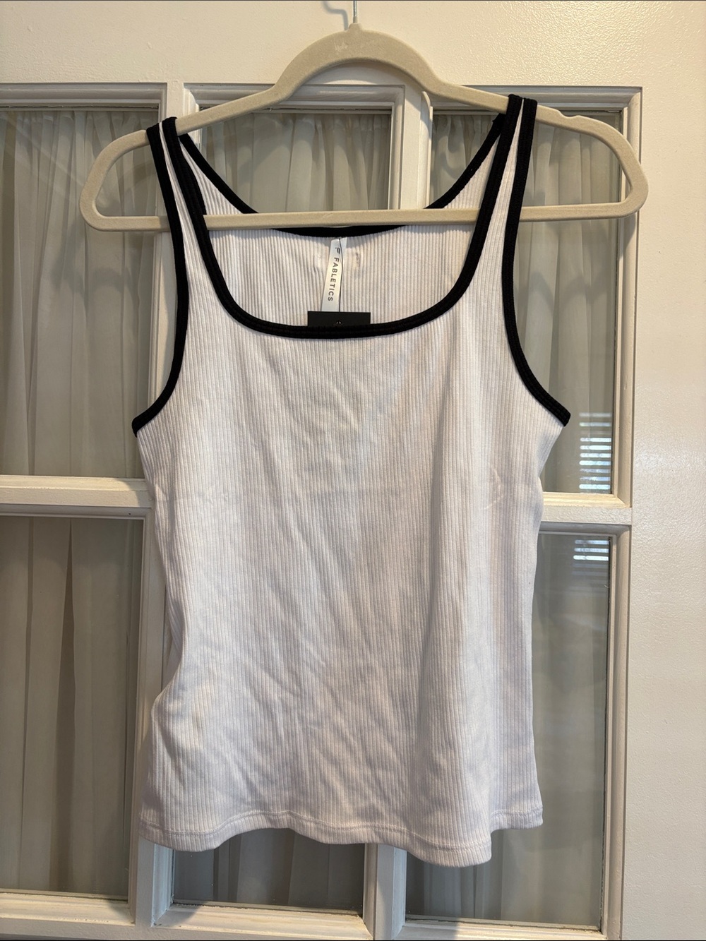 Fabletics White Ribbed Tank with Black Trim